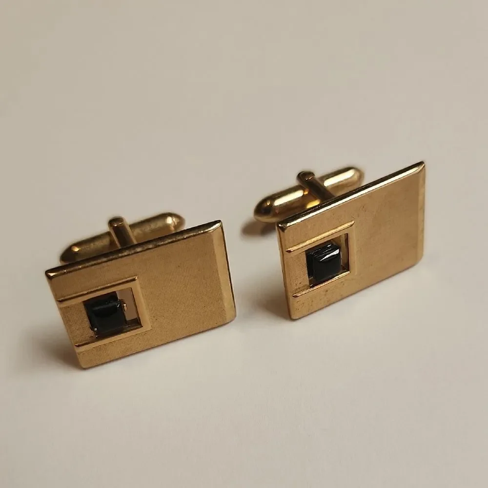 Mid Century SWANK Gold Tone Cufflinks with Black Accent